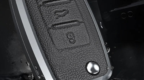 Husa aluminiu negru cu piele pentru cheie briceag VW Polo Bora Jetta Tiguan Passat Golf Skoda Octavia Superb
