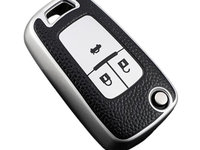 Husa argintiu cu insertii piele pentru cheie Opel Astra Corsa Meriva Zafira Antara Chevrolet Cruze Aveo Trax