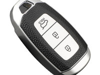 Husa argintiu cu insertii piele pentru cheie Hyundai i30 ix35 ix25 Elantra KONA Solaris Accent Santa Fe Azera
