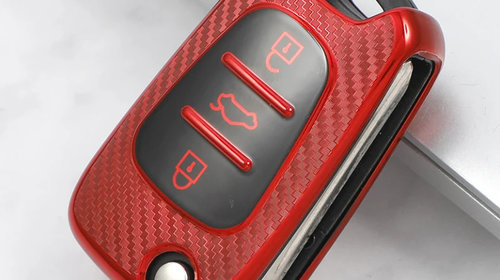 Husa rosu carbon pentru cheie briceag Kia Sportage Rio 3 Soul Picanto Ceed Pro K5 K2 Hyundai i20 i30 ix20 ix35