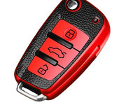Husa rosu cu insertii piele pentru cheie briceag Audi A1 A3 A6 A6L Q2 Q3 Q7 TTS R8 S6 RS3