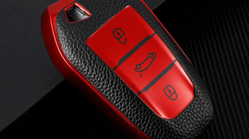 Husa rosu cu insertii piele pentru cheie smart Peugeot 2008 3008 4008 5008 308 408 508 Citroen C4 C4L C6 C3-XR