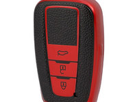 Husa rosu cu insertii piele pentru cheie Toyota Prius Camry Corolla CHR C-HR Rav 4 Land Cruiser Prado 3 butoane