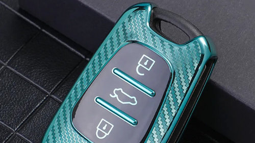 Husa verde carbon pentru cheie briceag Kia Sportage Rio 3 Soul Picanto Ceed Pro K5 K2 Hyundai i20 i30 ix20 ix3