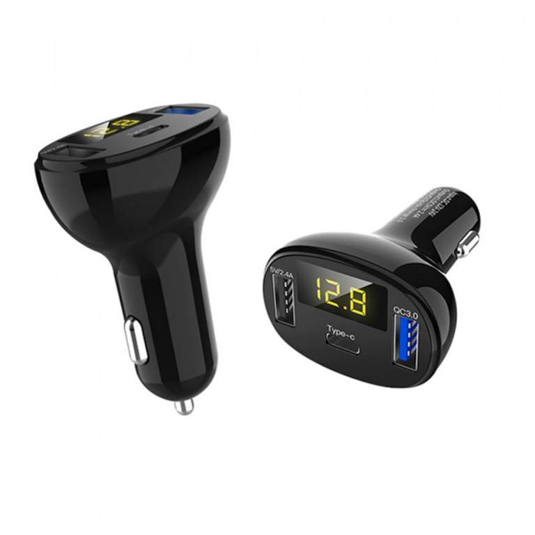 Incarcator auto 1xUSB QC3.0 + 1xUSB 2.4A + 1xUSB Type-C cu afisaj tensiune/putere LED