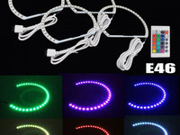 Kit Angel Eyes LED RGB pentru BMW E46 Coupe/Cabrio cu Facelift (2003 - 2006), far cu lupa 4x106mm, cu 16 culori, cu telecomanda