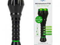 Lanterna PNI Adventure F750 Green Light din aluminiu, LED 10W, 500 lm, pana la 850 m, IP44, acumulator 4000mAh inclus, incarcare prin USB Type-C, lumina verde perfecta la vanatoare PNI-ADVF750