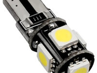 Led T10, 5 SMD, W5W, Canbus, 12V, Pentru Pozitie, Plafoniere, Portbagaj, Lumina Alb 6000k KRU112