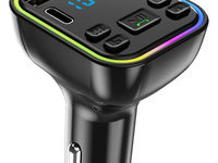 Modulator FM Auto, Bluetooth 5.0, Hands Free, RGB, Afisaj LED, 2 x USB, 12V-24V, Negru RAZ152