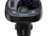 Modulator FM Bluetooth Baseus Tip T Încărcător Auto MP3 2 x USB TF microSD 3,4A Negru CCTM-01