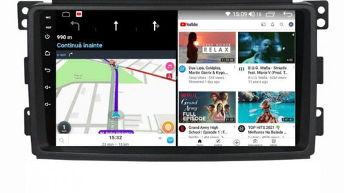 Navigatie dedicata cu Android Smart Fortwo 2007 - 2010, 6GB RAM, Radio GPS Dual Zone, Display HD IPS 9" Touchscreen, Internet Wi-Fi si slot SIM 4G, Bluetooth, MirrorLink, USB, Waze