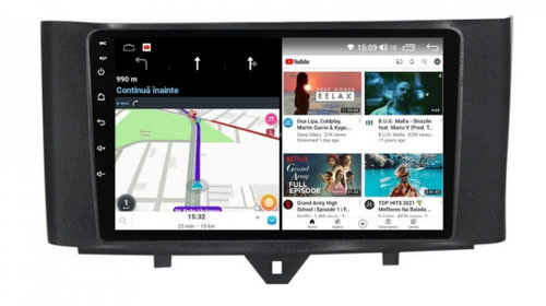 Navigatie dedicata cu Android Smart Fortwo 2011 - 2014, 8GB RAM, Radio GPS Dual Zone, Display HD IPS 9" Touchscreen, Internet Wi-Fi si slot SIM 4G, Bluetooth, MirrorLink, USB, Waze