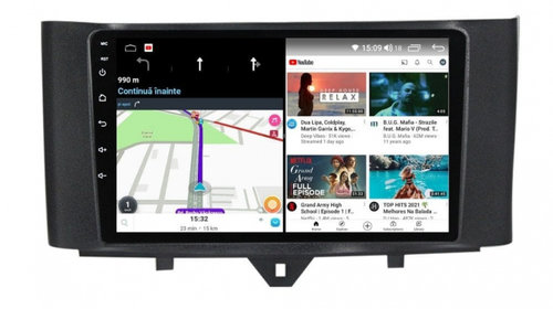 Navigatie dedicata cu Android Smart Fortwo 2011 - 2014, 3GB RAM, Radio GPS Dual Zone, Display HD IPS 9" Touchscreen, Internet Wi-Fi si slot SIM 4G, Bluetooth, MirrorLink, USB, Waze
