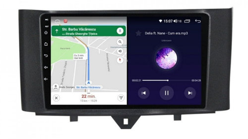 Navigatie dedicata cu Android Smart Fortwo 2011 - 2014, 8GB RAM, Radio GPS Dual Zone, Display HD IPS 9" Touchscreen, Internet Wi-Fi si slot SIM 4G, Bluetooth, MirrorLink, USB, Waze
