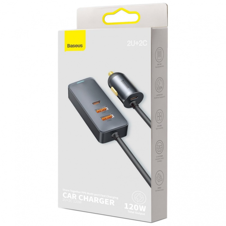 Încărcător Auto Baseus Share Together 2 x USB / 2 x USB Tip C 120W PPS Încărcare Rapidă Livrare Putere Gri CCBT-A0G