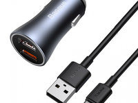 Încărcător Auto Rapid Baseus Golden Contactor Pro 2x USB 40 W Încărcare Rapidă SCP FCP AFC + USB - Cablu USB Tip C Gri (TZCCJD-A0G)