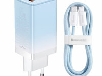 Încărcător Rapid GaN Baseus 2 X USB Tip C / USB 65W QC PD Albastru (CCGP050103) + Cablu De încărcare Rapidă USB Tip C 100W 1m Albastru