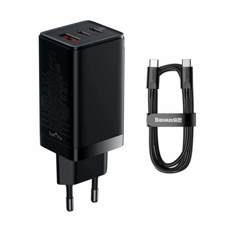Încărcător Rapid Universal GaN Baseus GaN3 Pro 2 X USB Tip C / USB 65W PD3.0, QC4.0 +, AFC Negru + USB Tip C - Cablu USB Tip C 1m (CCGP050101)