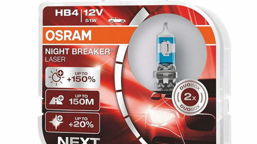 Osram Night Breaker Laser Halogen Set 2 Becuri Auto +110% 9006NL-HCB HB4 12V 51W (