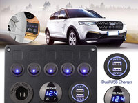 Panou Intrerupatoare Auto, 12V-24V, 25℃~85℃, USB Dublu, Led, Negru C00497