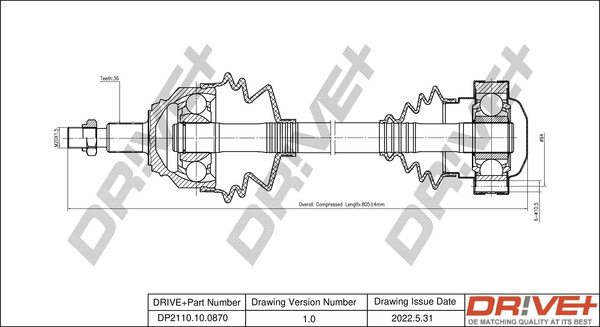 Planetara Axa fata dreapta (DP2110.10.0870 DP2110100870 Dr!ve+) AUDI,SEAT,SKODA,VW A3, A3 / S3|BORA, JETTA IV|GOLF|GOLF VAN|GOLF, JETTA|LEON|OCTAVIA|TOLEDO
