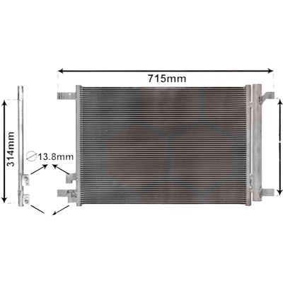 Radiator aer conditionat VW UP 2011-> pentru e-Up, perioada 2013 2014 2015 2016 2017 2018 PIESA NOUA grosime mm 16, diametru admisie mm 15, diametru evacuare mm 13, latime mm 336, lungime fagure mm 415,
