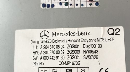 Radio CD player Mercedes C-CLASS W204 2008 - A2048700594