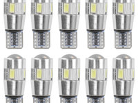 Set 10 Buc Led T10 6 SMD, W5W, Canbus, 12V, Pentru Pozitie, Plafoniere, Portbagaj, Lumina Albastru KRU115