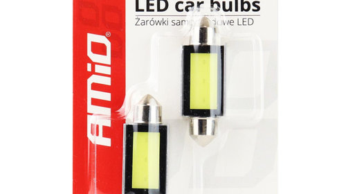 Set 2 becuri auto Amio LED, C5W SV8.5-8, 1 LED COB3, 2.4W, 39mm, Canbus, 12V, leduri alb sofit Festoon