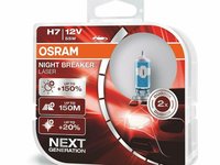 Set 2 becuri auto cu halogen pentru far Osram Night Breaker Unlimited H7 12V 55W +150% mai multa lumina, 64210NL-HCB, culoare 3750k, 1500lm