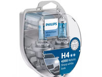 Set 2 becuri auto cu halogen pentru far Philips WhiteVision ultra H4 12V 60/55W P43T, culoare 4200K, + 2 buc becuri 5W, 2342WVUSM