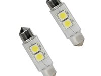 Set 2 becuri auto Vectra cu 2 leduri SMD 12V T11x39mm P29T alb sofit Festoon 5050SMD