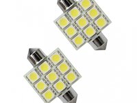 Set 2 becuri auto Vectra cu 9 leduri SMD 12V T11x36mm C5W alb sofit Festoon 5050SMD