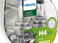 SET 2 BECURI FAR H4 60/55W 12V LONGER LIFE ECOVISION PHILIPS