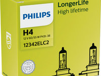 Set 2 becuri incandescente PHILIPS Longer Life H4 12V 12342ELC2