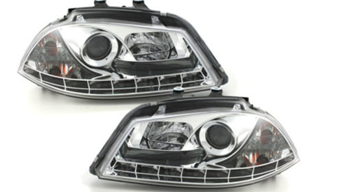 Set 2 faruri D-LITE compatibil cu SEAT Ibiza 6L 03-08, echipate cu lumina de zi LED, crom