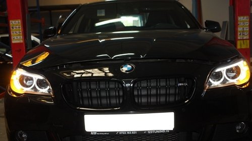Set 2 faruri Full LED Bi-Xenon Angel Eyes compatibil cu BMW 5 Series F10/F11 (2011-2013) LCI Facelift Look