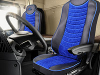 Set 2 huse scaun camion MERCEDES Actros MP2/ MP3/ MP4 Euro 5 piele ecologica neagra + catifea albastra (45102)