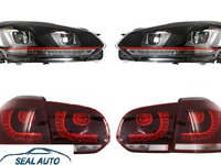 Set 4 piese faruri LED compatibil cu VW Golf 6 VI (2008-2013) Golf 7 U Design With Red Strip GTI LED cu Stopuri LED R20 1