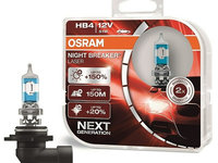 Set becuri auto halogen HB4 (9006) OSRAM 12V, 51W, night breaker laser, 1095lm, cu pana 150% mai multa lumina, culoare temperatura 3950K, P22d, 9006NLHCB, 2 buc.