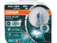 Set becuri H4 OSRAM 64193CBNHCB 12V, 60/55W, COOL BLUE INTENSE (NextGen), cu pana 100% mai multa lumina, albastru, P43t, Omologare: ECE, pana la 400 h, Fascicul luminos [lm]:1650/1000, Culoare temperatura [K]:5000,