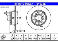 Set discuri frana spate ATE, Audi A1 A3, TT, Seat Altea, Altea XL, Leon (1P/5F), Skoda Octavia (1Z/5E), Superb II, Yeti, VW Beetle, Caddy 2004-, Eos, Golf Vi, Golf VII, Jetta IV, Scirocco, Touran (1T), spate, Pt. numar PR : 1KS, puntea spate