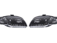 Set faruri Audi A3 (8p), 05.2003-04.2008, partea Stanga+Dreapta, Tuning, Fata, cu lumina de parcare LED, H1+H7, manual/electric, negru, transparent, fara motor, tuning, Taiwan