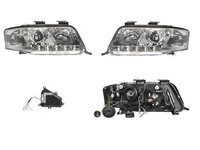 Set faruri Audi A6 (C5), 06.2001-01.2005, partea Stanga+Dreapta, Tuning, Fata, cu lumina de parcare LED, tip bec H1+H1, manual/electric, transparent, argintiu, fara motor, tuning, Taiwan