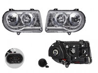 Set faruri Chrysler 300c (Lx), 09.2004-04.2011, partea Stanga+Dreapta, Tuning, Fata, cu lumina de parcare LED, Tip=USA, H1+HB4+LED+tip bec P27/7W, manual, transparent, argintiu, cu becuri, tuning, Omologare: SAE, Taiwan