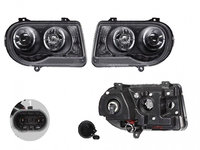 Set faruri Chrysler 300c (Lx), 09.2004-04.2011, partea Stanga+Dreapta, Tuning, Fata, cu lumina de parcare LED, Tip=USA, H1+HB4+LED+PY27/7W, manual, negru, transparent, cu becuri, tuning, Omologare: SAE, Taiwan