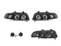 Set faruri tuning AUDI A4 (B5), 11.1994-12.1998, Taiwan, partea stanga+dreapta, cu lumina parcare fibra optica,tip bec H1+H1, manual/electric, negru, transparent, fara motor,