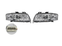 Set faruri tuning AUDI A6 (C5), 06.2001-01.2005, Taiwan, partea stanga+dreapta, pozitie pe LED,tip bec H1+H1, electric, transparent, argintiu, cu motor,