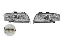 Set faruri tuning AUDI A6 (C5), 06.2001-01.2005, Taiwan, partea stanga+dreapta, pozitie pe LED,tip bec H1+H1, manual, transparent, argintiu,