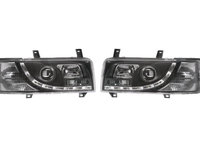 Set faruri VW Transporter (T4)/Caravelle/Multivan, 07.1990-03.2003, Multivan, Transporter, partea Stanga+Dreapta, Tuning, Fata, cu lumina de parcare LED, tip bec H1+H1, manual/electric, negru, transparent, fara motor, tuning, Taiwan